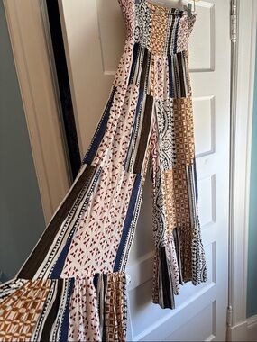 Elan Multicolor Strapless Boho Pants with Patchwork Print and Bottom Ruffle